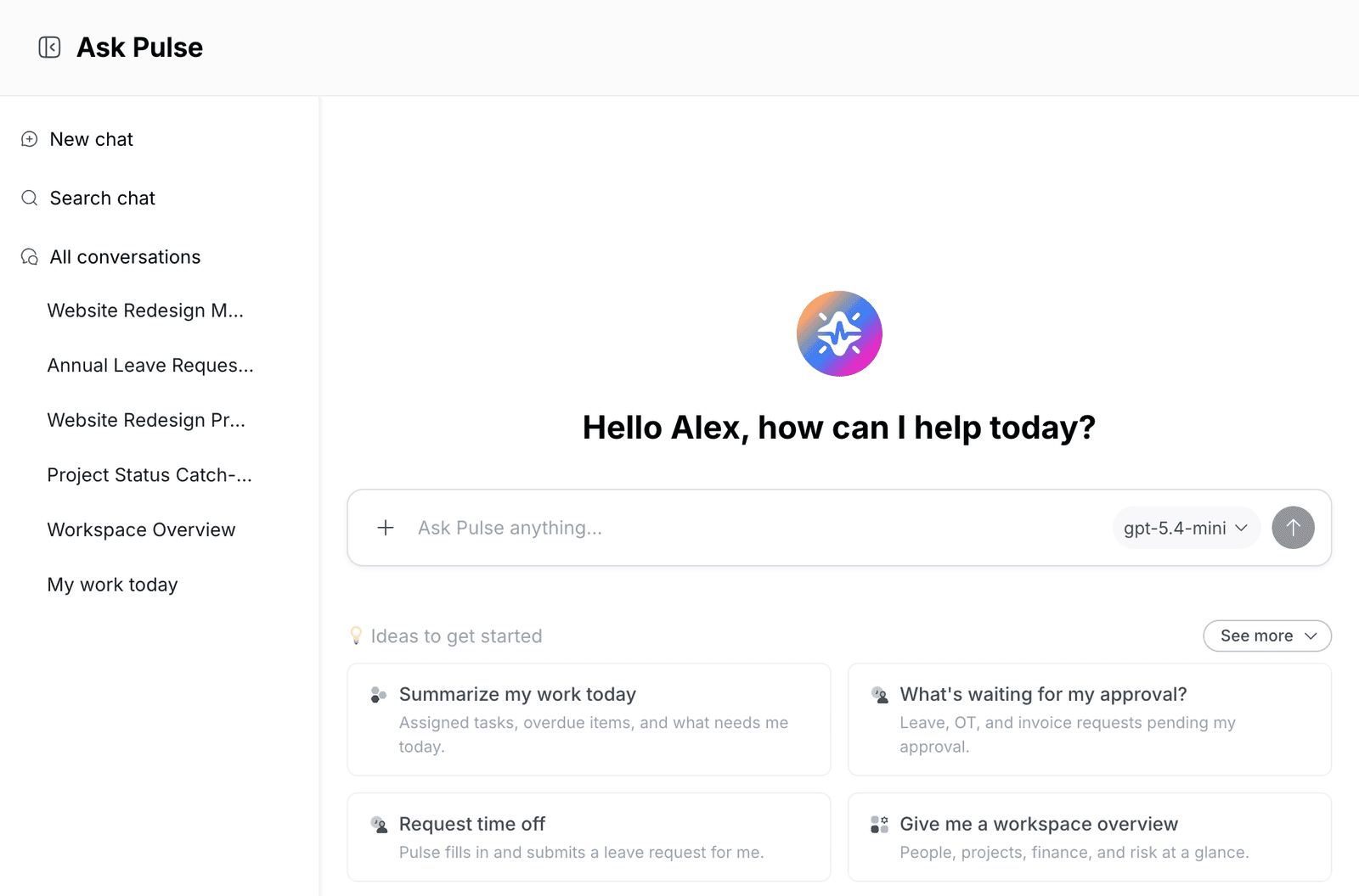 Ask Pulse start page with the prompt box, the model picker and the Ideas to get started cards