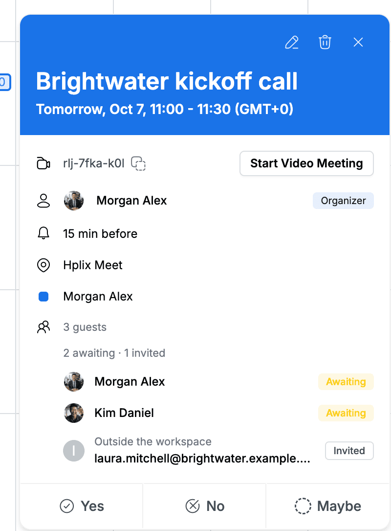 Event details for the Brightwater kickoff call with three guests and the Yes, No and Maybe buttons