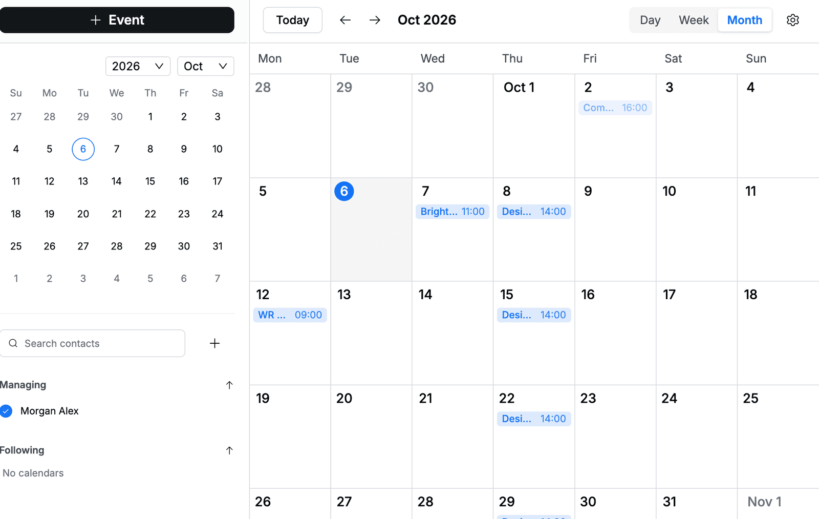 Calendar month view with sprint planning, design review, all-hands and client call events