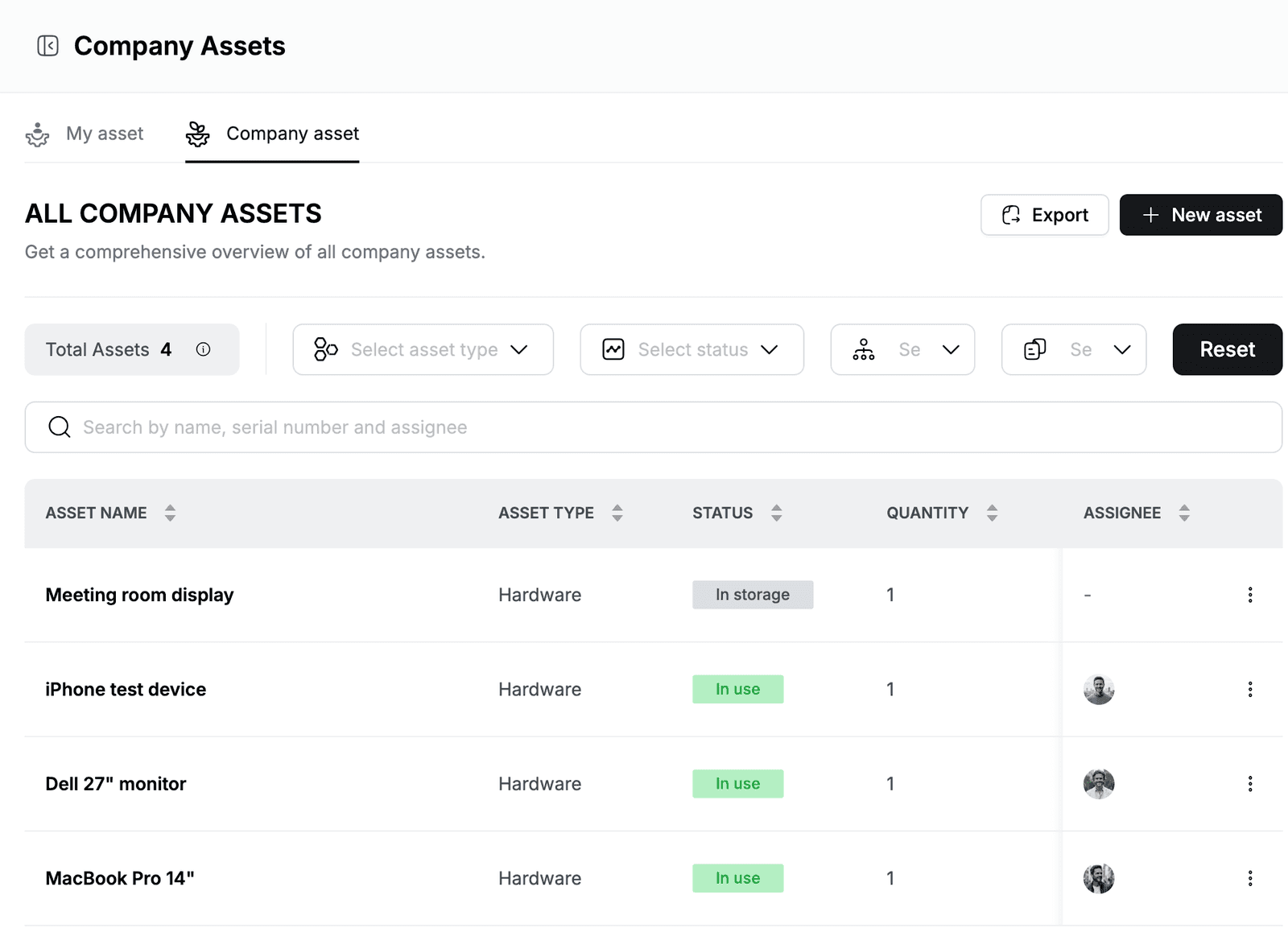 Company asset tab with four hardware assets, their status and assignees