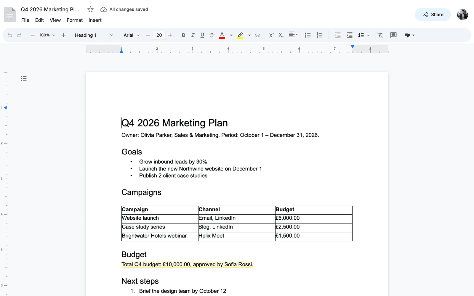 Q4 2026 Marketing Plan document with headings, a bulleted list, a campaign table and the commented budget line highlighted