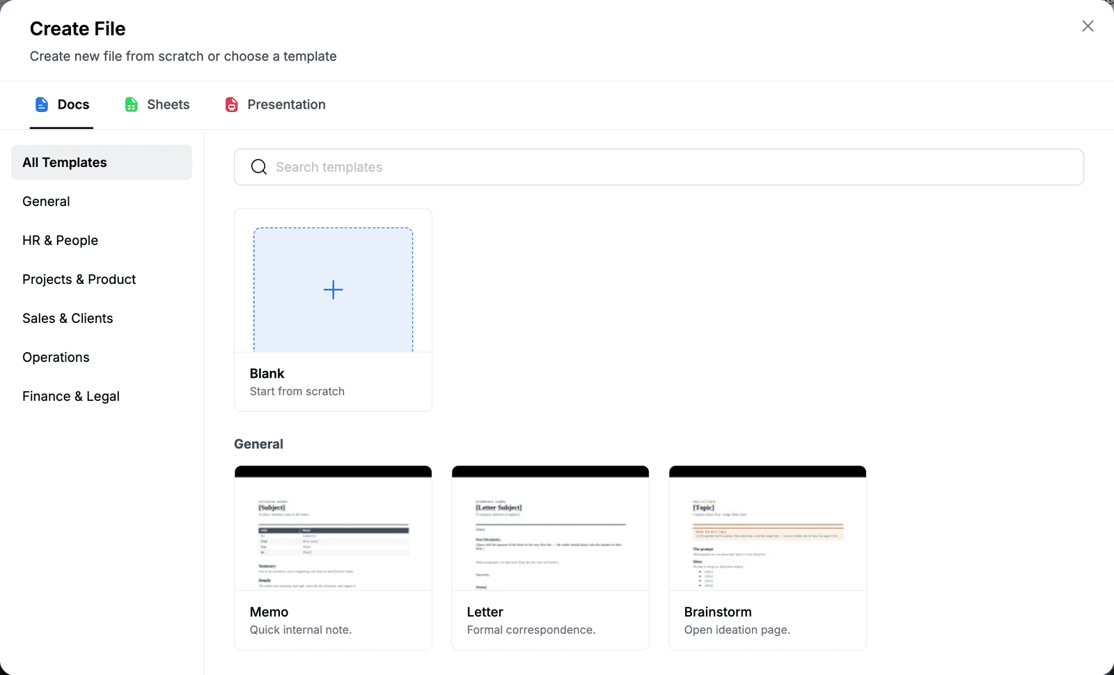 Create File dialog with the Blank option and document templates grouped by category