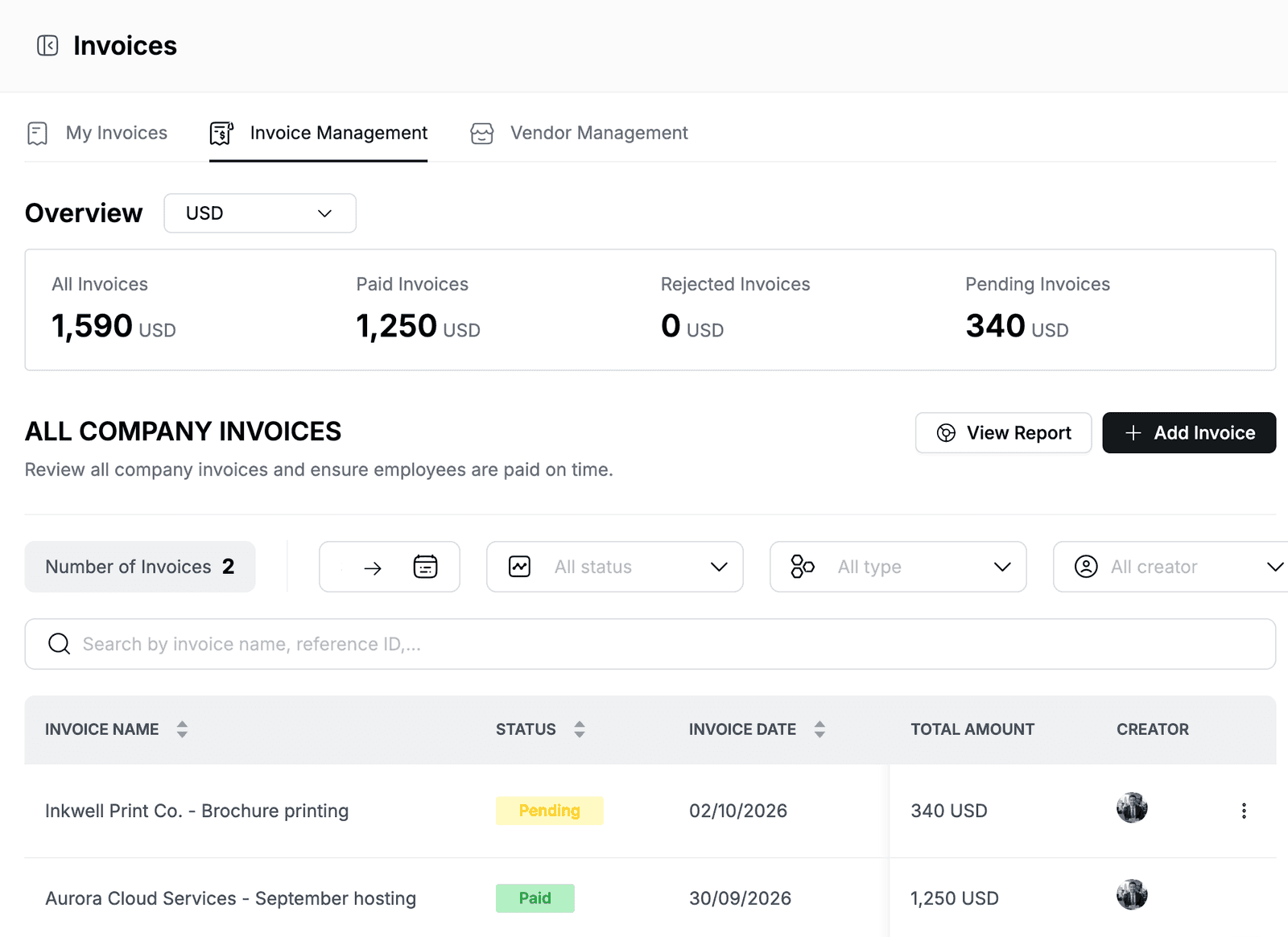 Invoice Management tab with the invoice totals and two company invoices, one paid and one pending