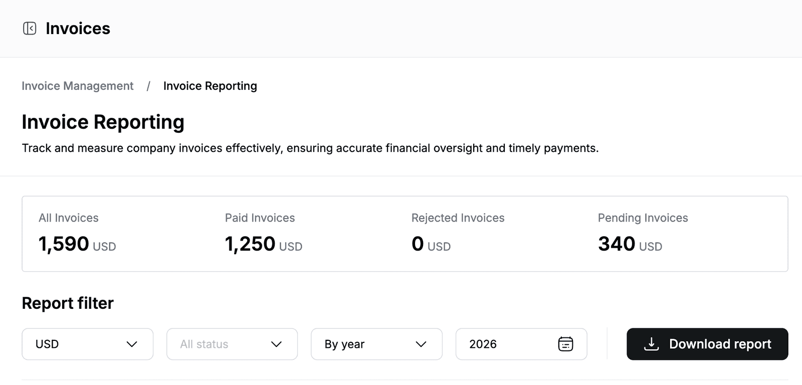 Invoice Reporting page with the invoice totals and the report filter set to 2026
