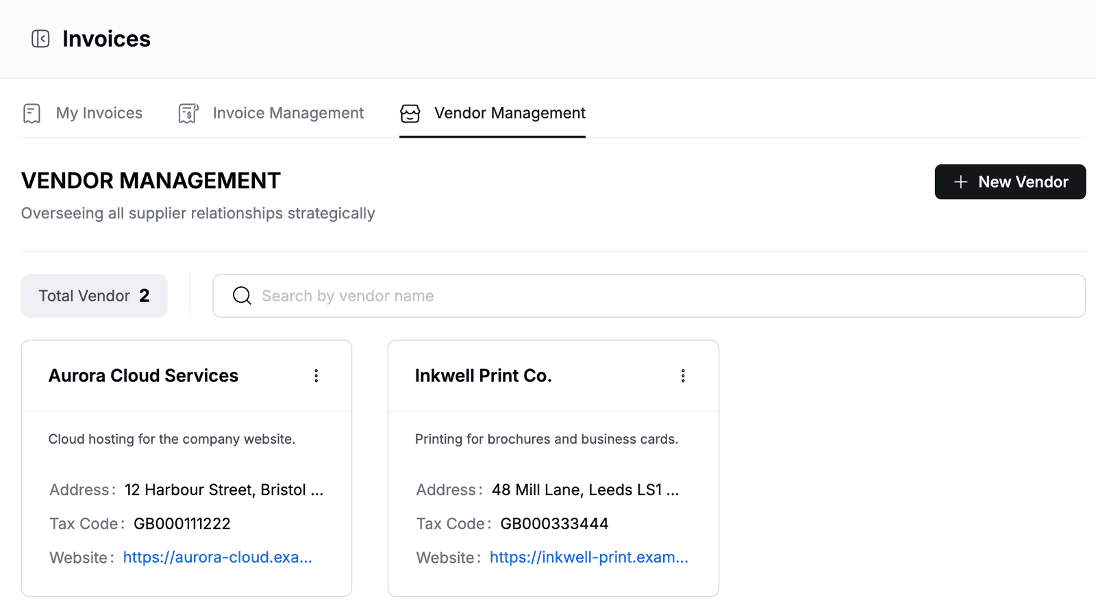 Vendor Management tab with the Aurora Cloud Services and Inkwell Print Co. vendor cards