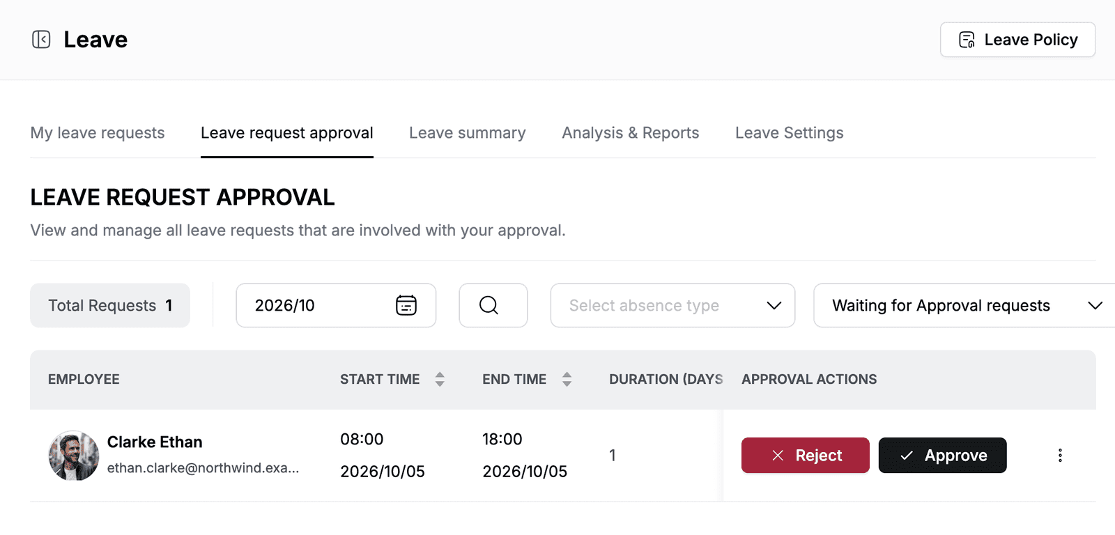 Leave request approval tab with a sick leave request waiting for approval