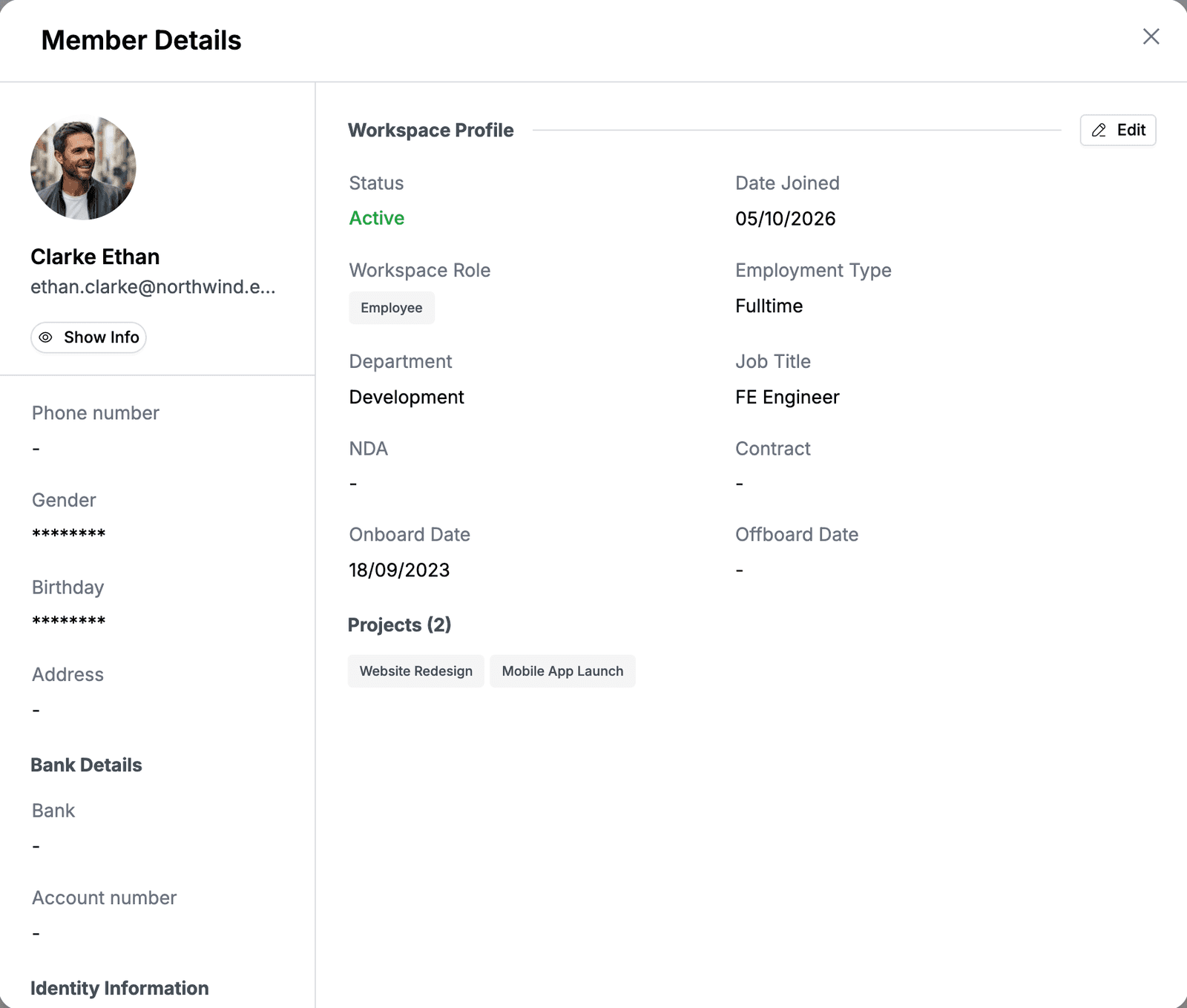 Member Details for Ethan Clarke with personal information on the left and the workspace profile on the right