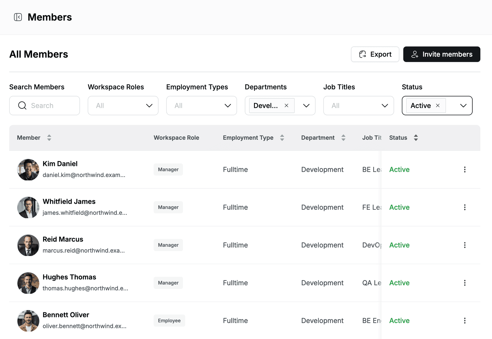 Members list filtered to active members of the Development department