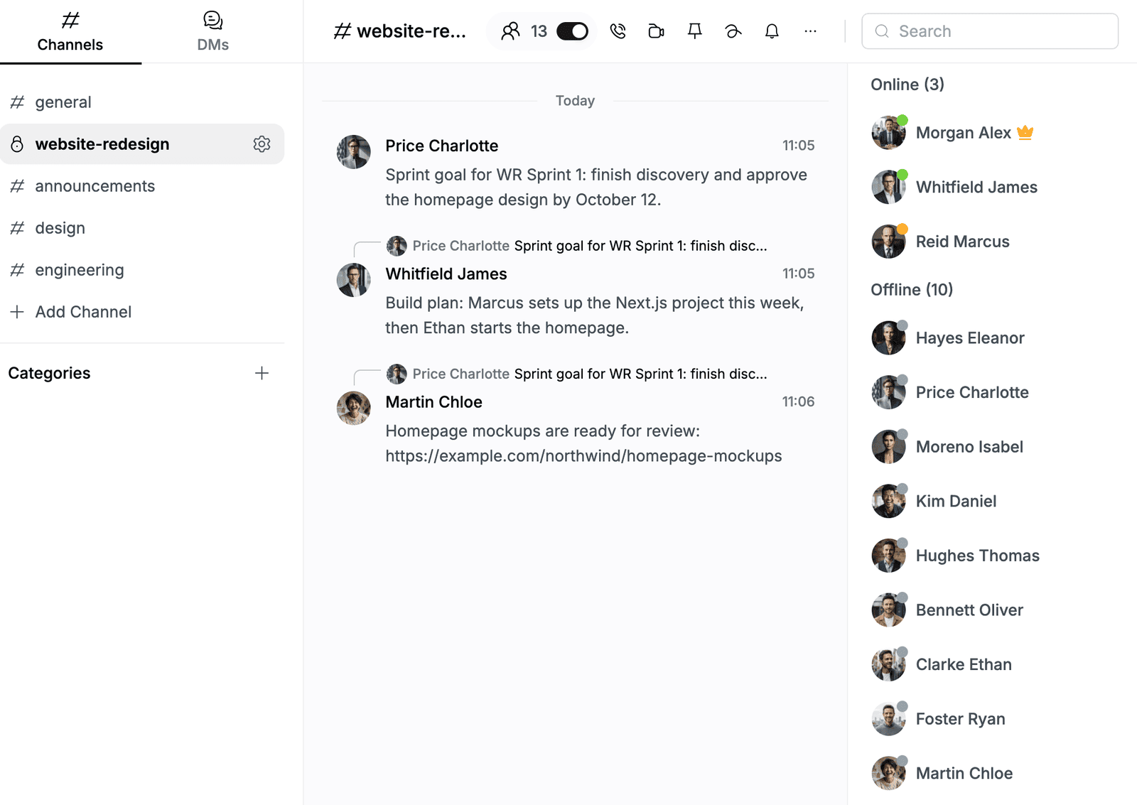The website-redesign channel with a message from Charlotte and two replies