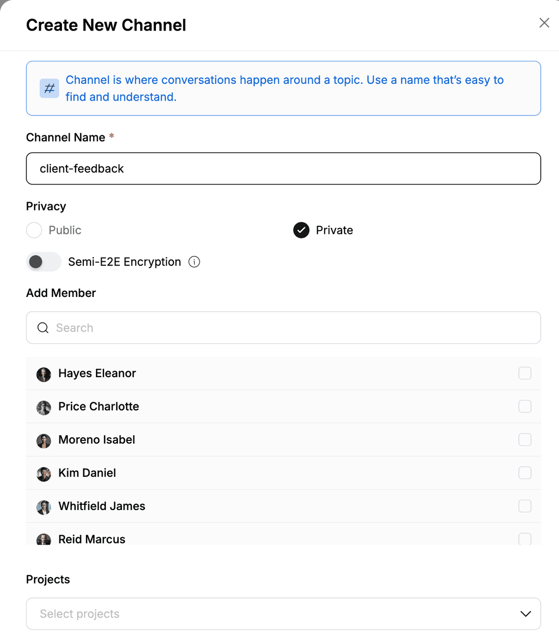 Create New Channel dialog for a private channel with the member list
