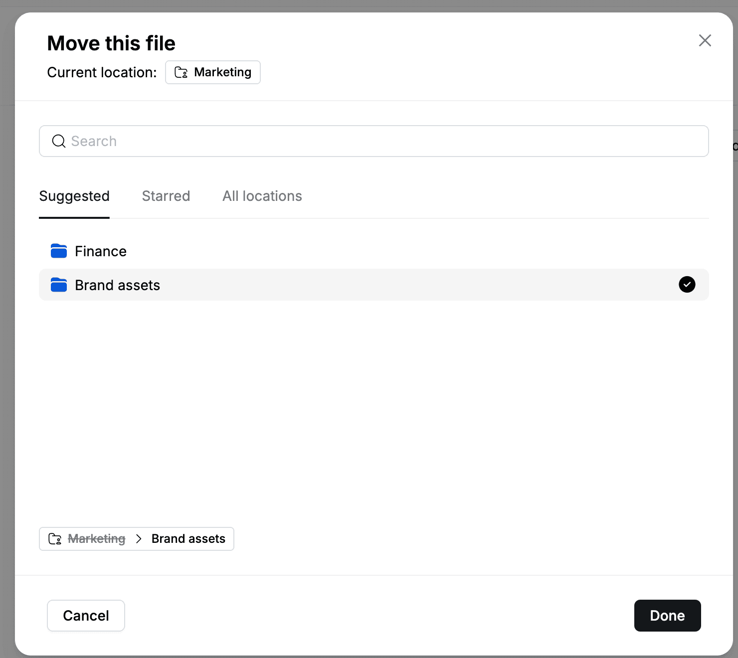Move this file dialog with the Brand assets folder selected as the destination
