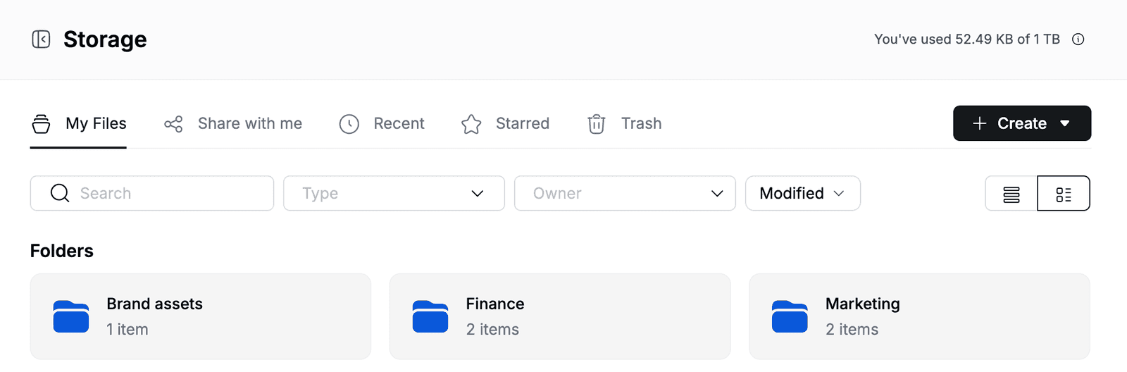 My Files tab with the Brand assets, Finance and Marketing folders
