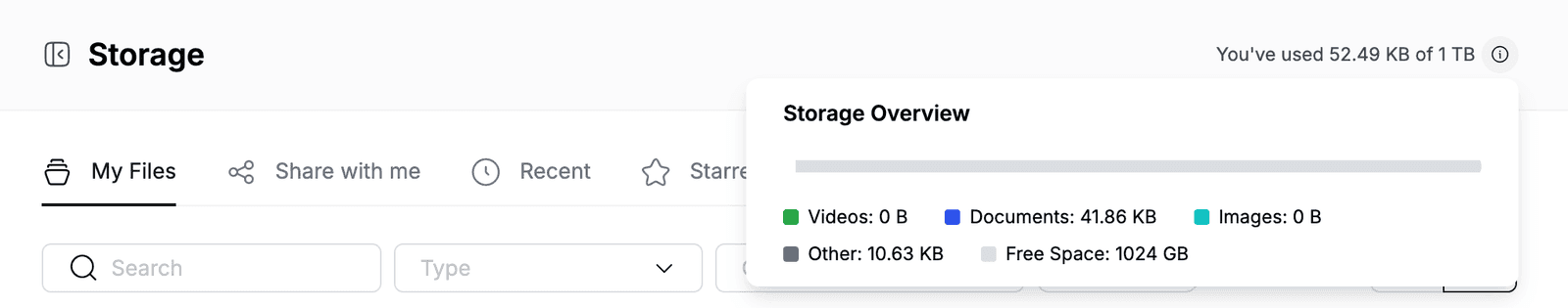 Storage Overview with space used by videos, documents, images and other files