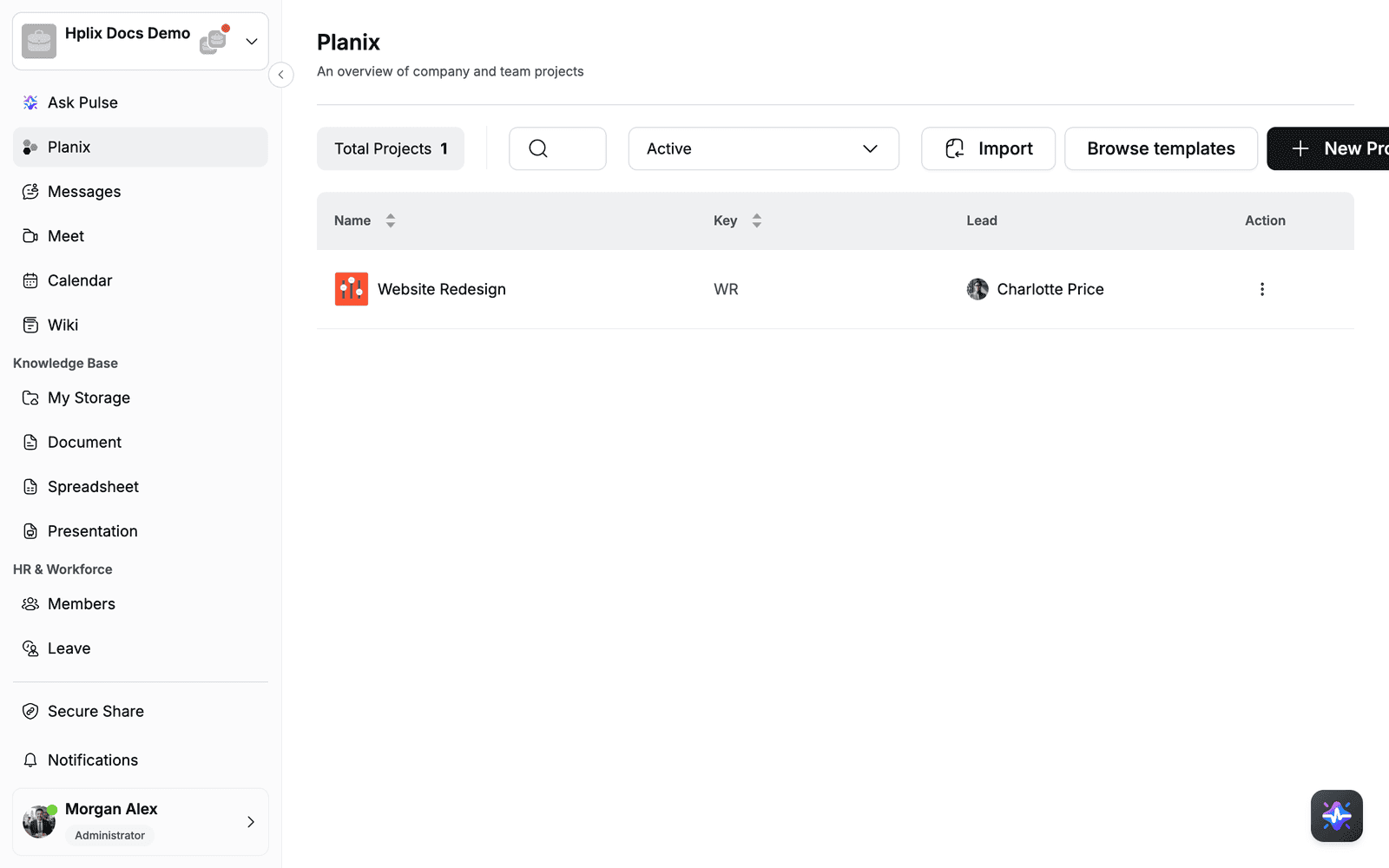 Hplix with the sidebar on the left, the Planix project list in the content area and the Pulse button in the bottom-right corner