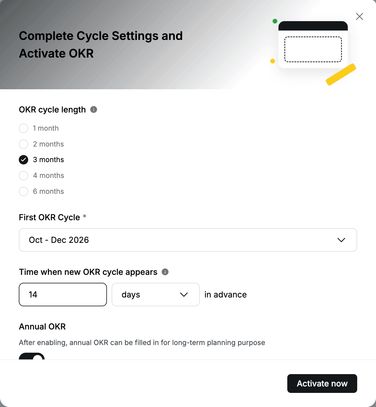 Complete Cycle Settings and Activate OKR dialog with a 3-month cycle starting Oct - Dec 2026 and 14 days in advance