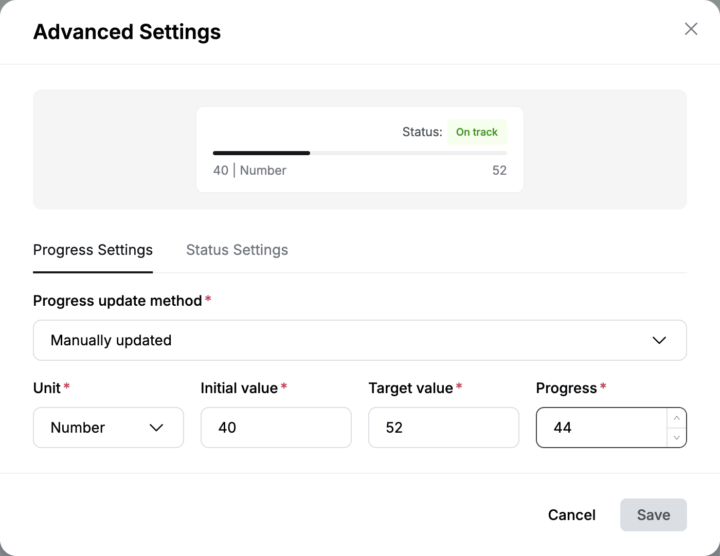 Advanced Settings for a key result with unit Number, initial value 40, target value 52 and progress 44