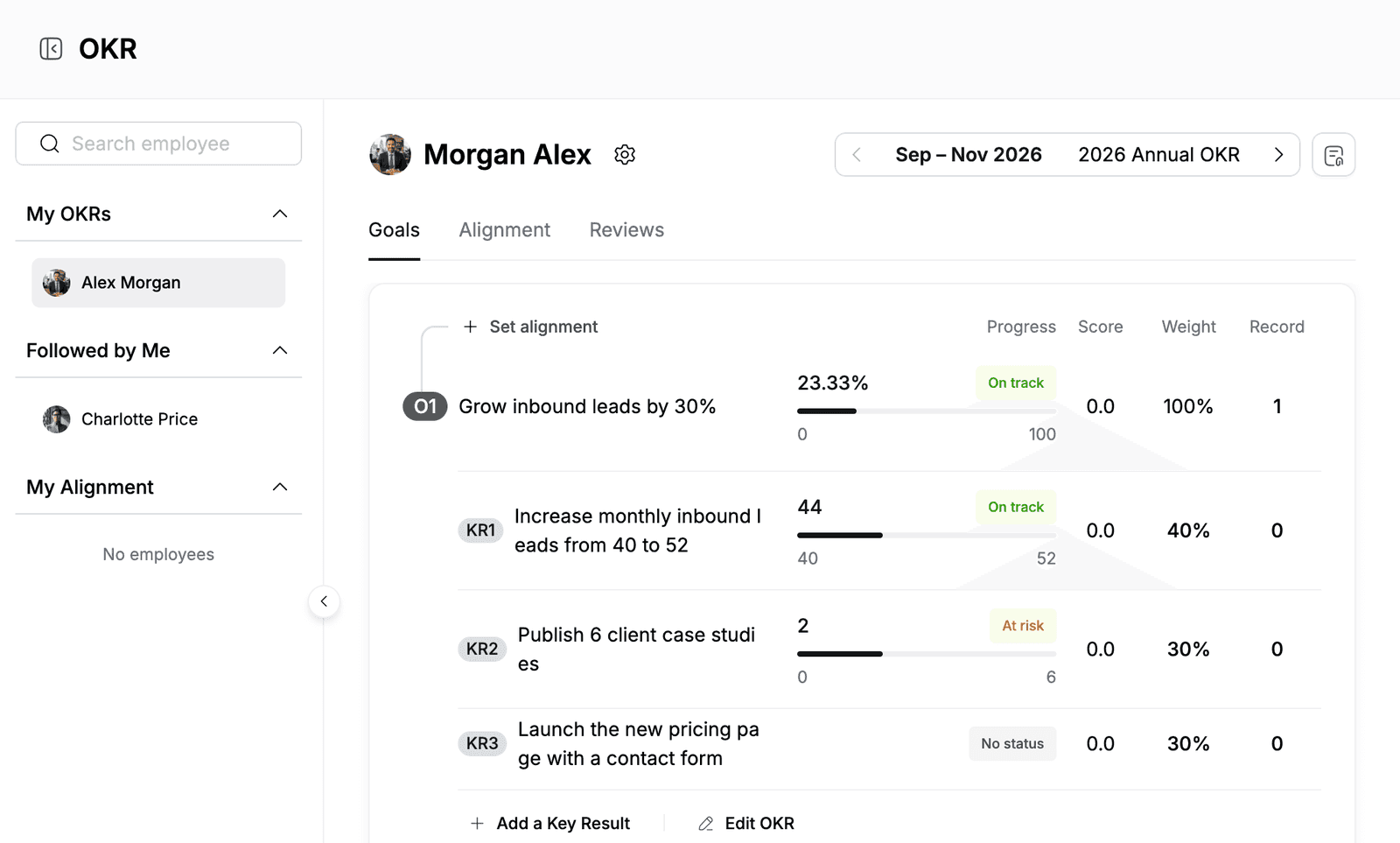 OKR page with an objective, three key results, their progress, status, score, weight and record count