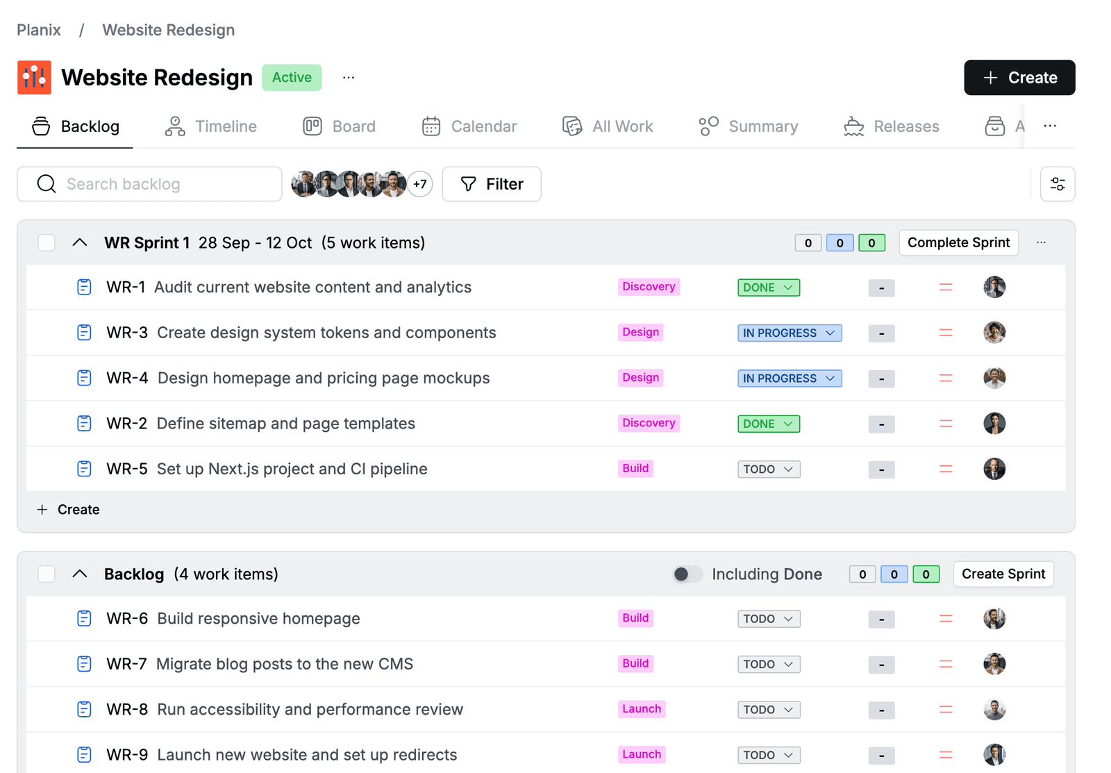Website Redesign backlog with the active sprint above the backlog list