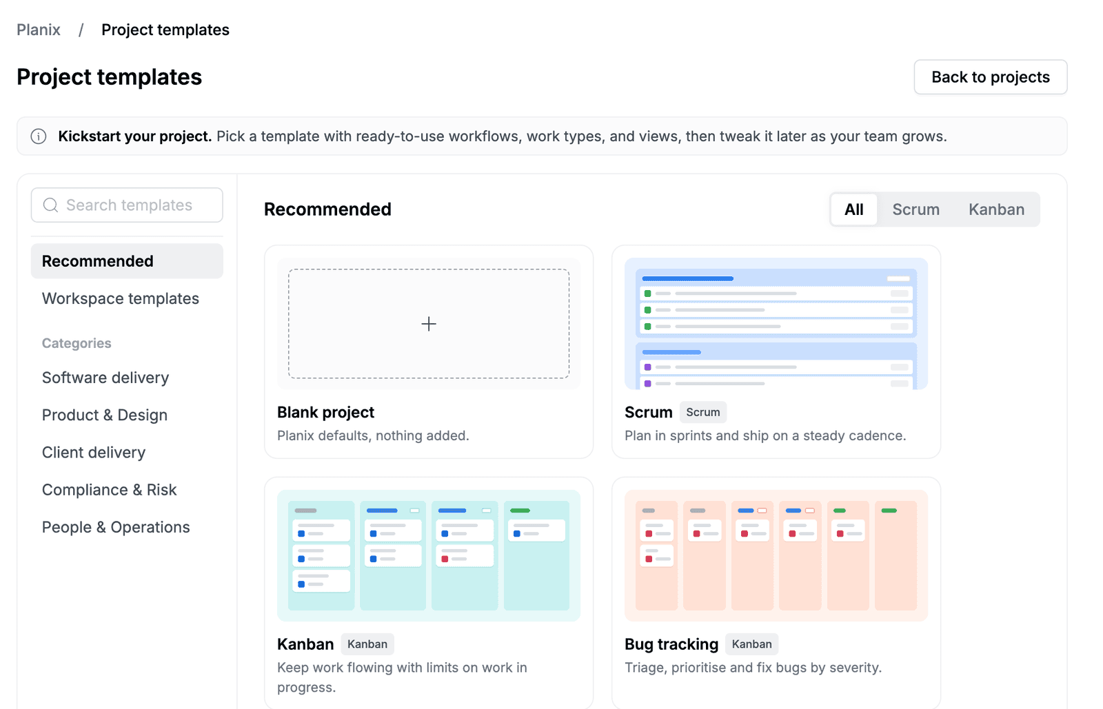 Project templates page with the Blank project, Scrum, Kanban and Bug tracking templates