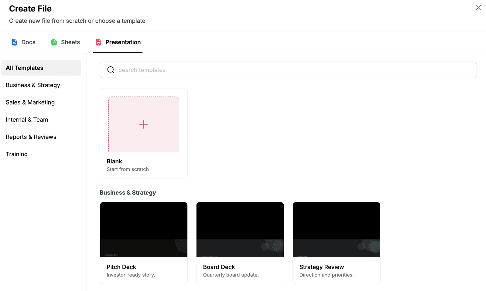 Create File dialog with the Blank option and presentation templates grouped by category