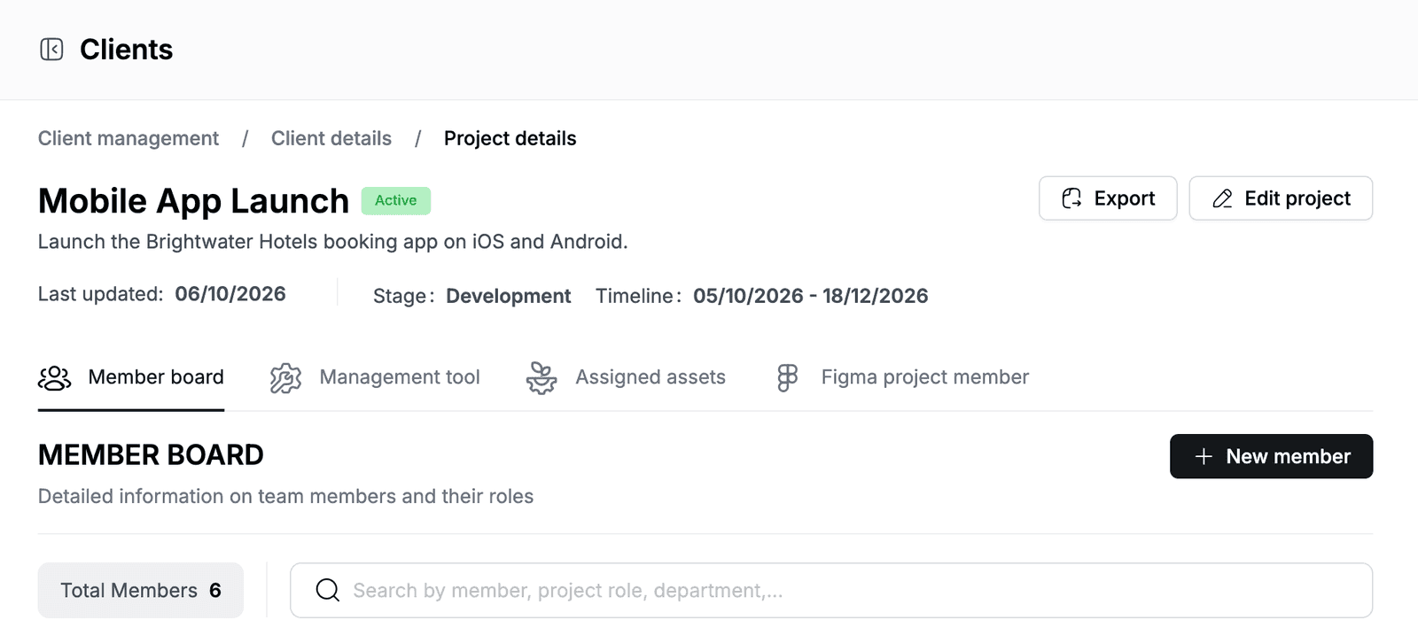 Mobile App Launch project page with its stage, timeline and the Member board tab