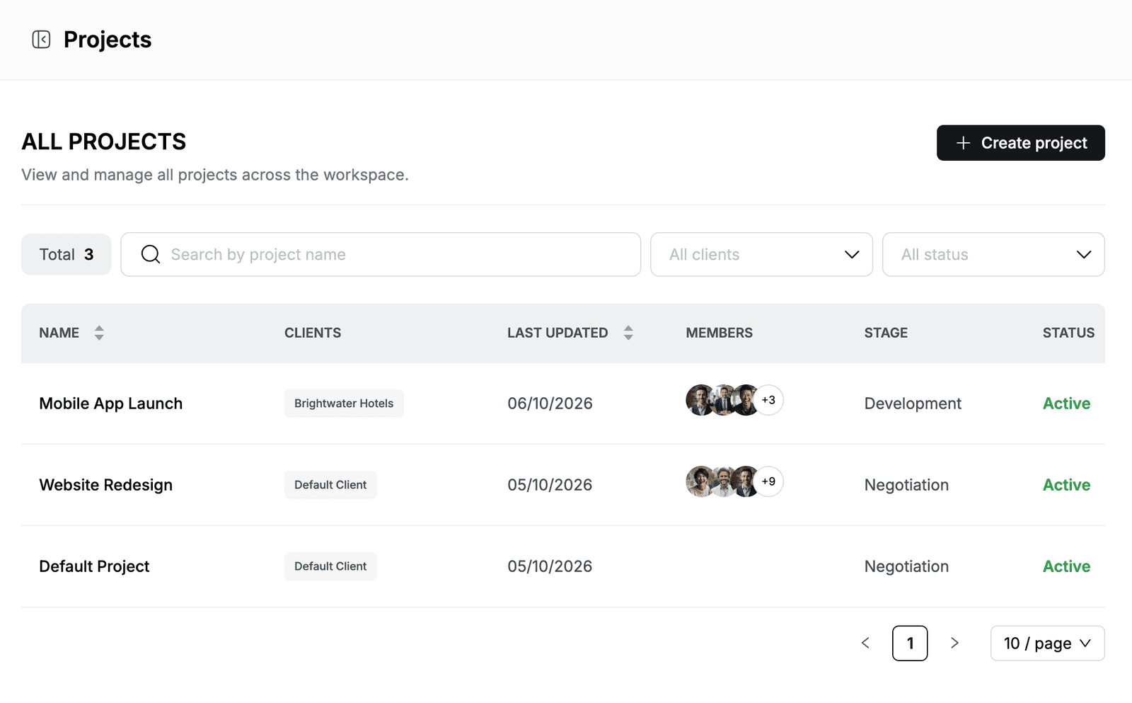 Projects page with the Mobile App Launch, Website Redesign and Default Project projects