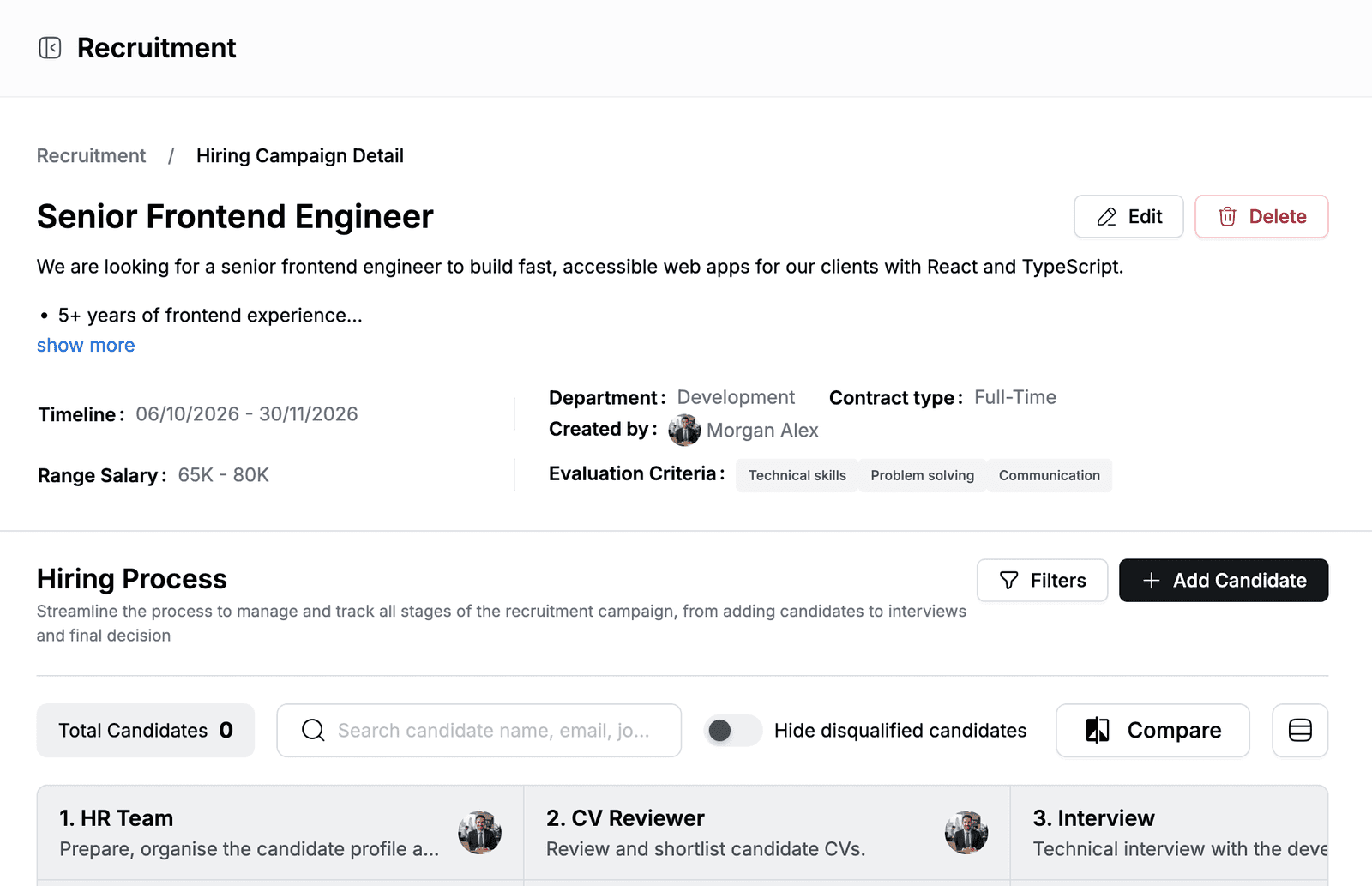 Senior Frontend Engineer campaign page with details, evaluation criteria and the Hiring Process board