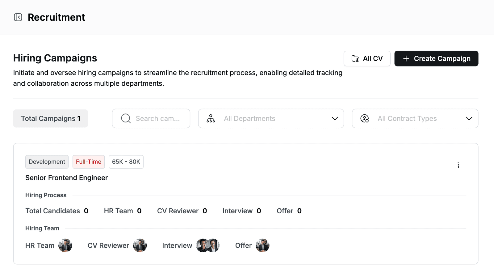 Hiring Campaigns page with the Senior Frontend Engineer campaign card