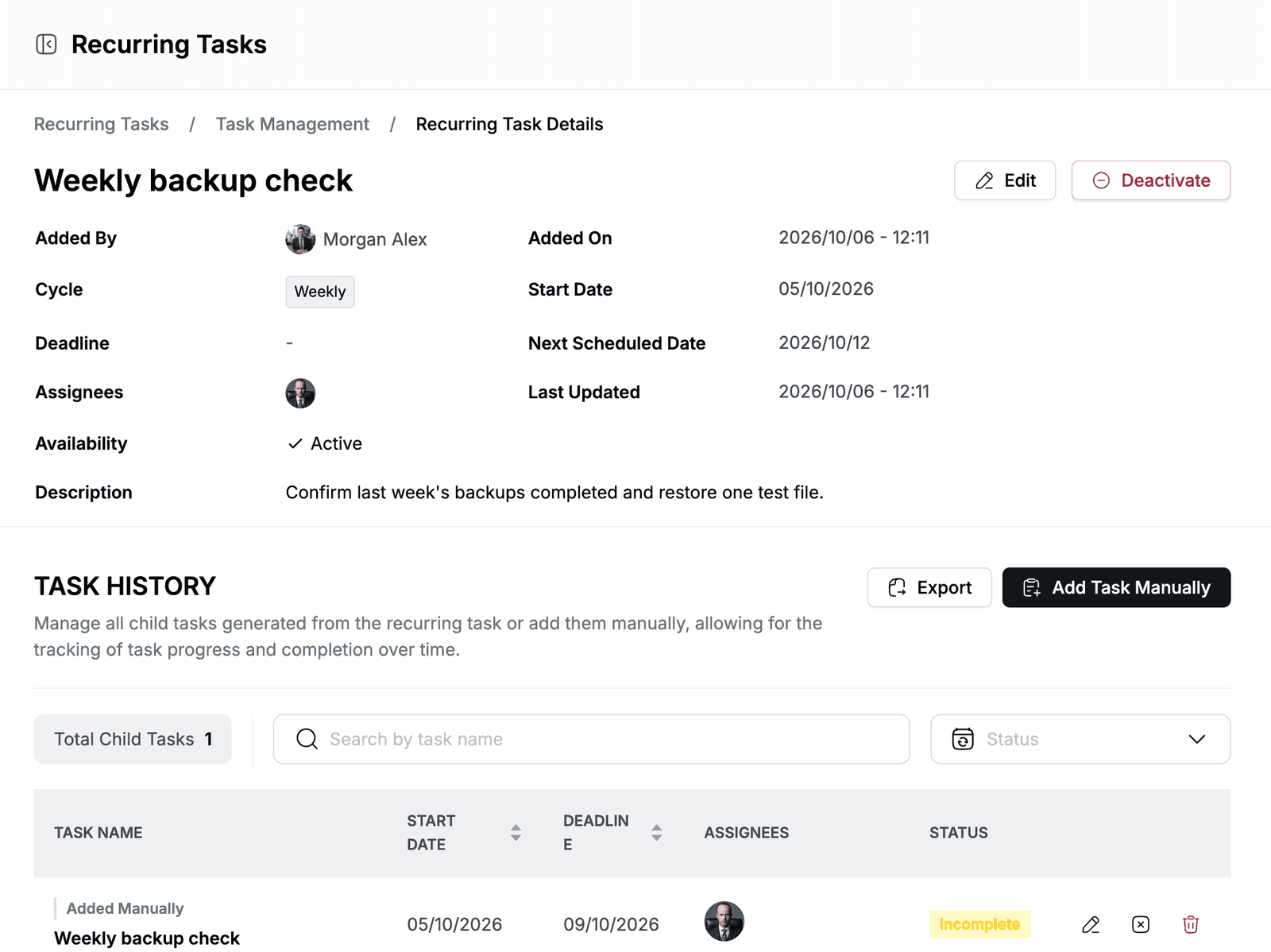 Recurring Task Details for Weekly backup check with one child task in Task History