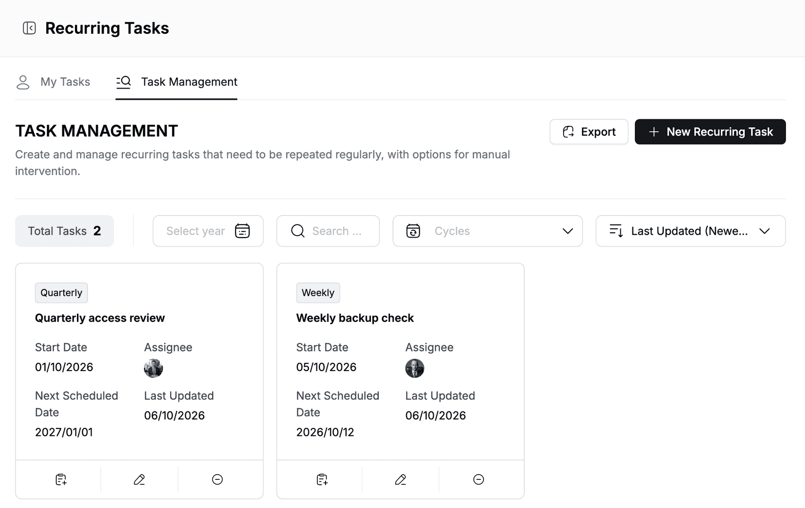 Task Management tab with the Quarterly access review and Weekly backup check recurring tasks