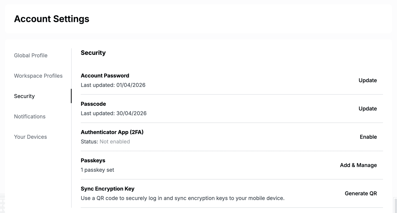 The Security tab in Account Settings with password, passcode, authenticator app, passkeys and encryption key settings