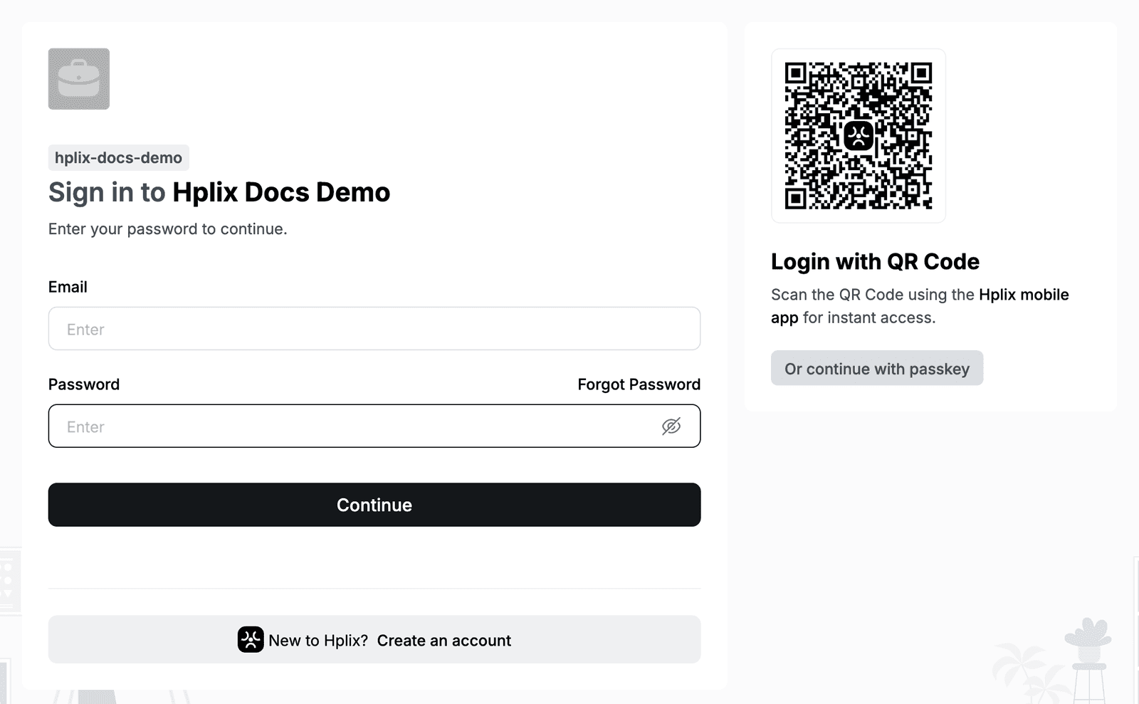 The workspace sign-in page with email and password fields, the QR code for the mobile app and the passkey option