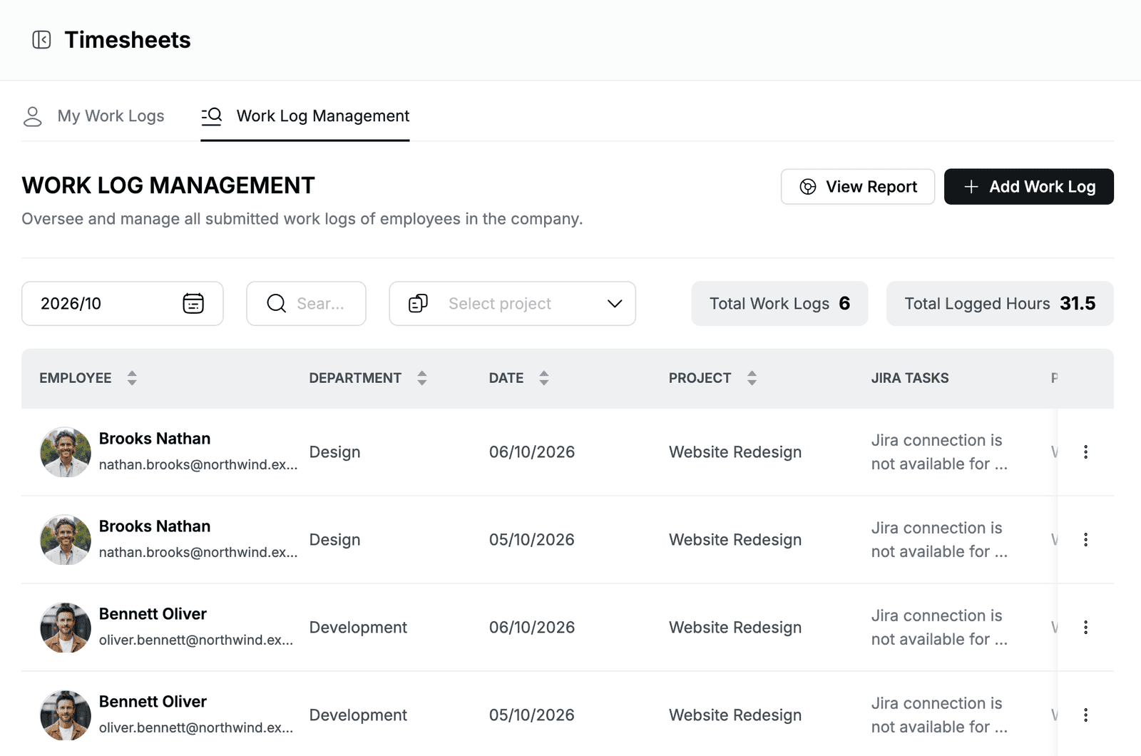 Work Log Management tab with the October 2026 work logs on Website Redesign and the totals of 6 work logs and 31.5 hours