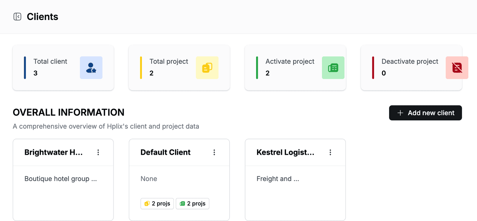 Clients page with project totals and the Brightwater Hotels, Default Client and Kestrel Logistics client cards