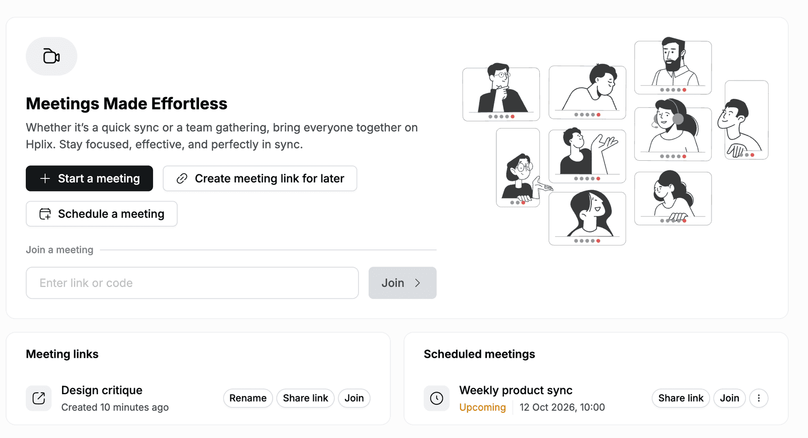 Meet page with a saved meeting link and an upcoming scheduled meeting