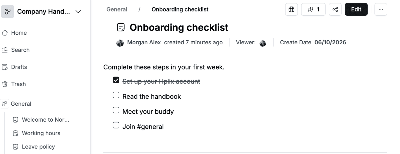 Onboarding checklist doc in the Company Handbook space, with the space's collections and docs on the left