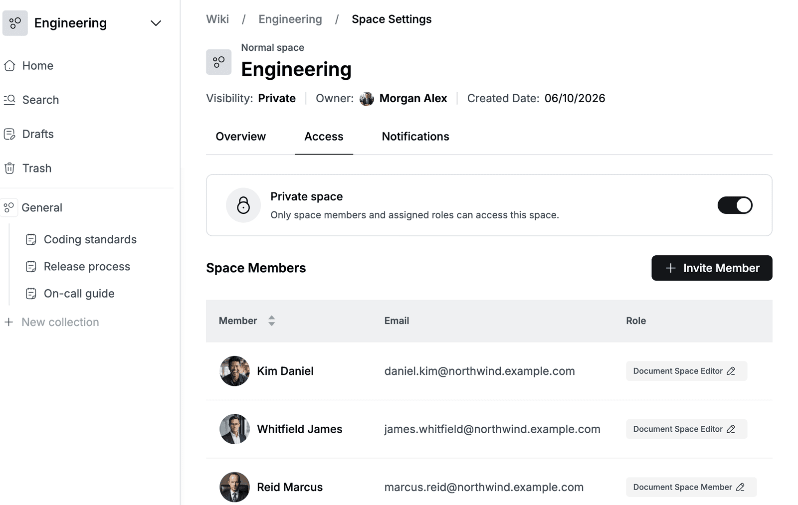 Access tab of the Engineering space with five space members and their roles